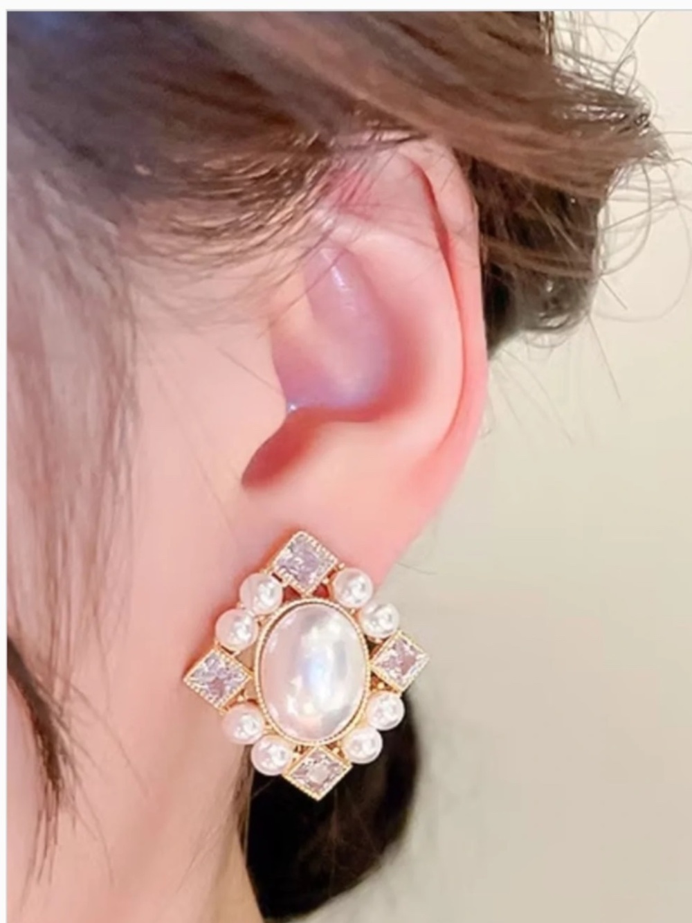 Gold Pearl Vintage Style  Earrings CZ Square Halo Stud  Old Antique Inspired